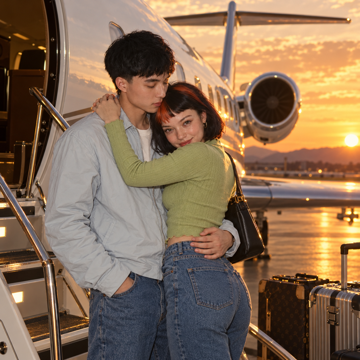 Kimchi with Claudia embracing beside an aircraft at sunset